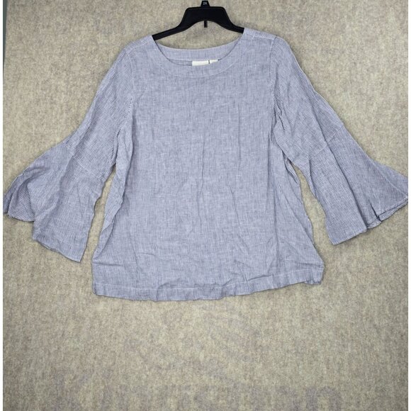 Cynthia Rowley Blue & White Striped Bell Sleeve Linen Blouse 1X - Picture 1 of 7